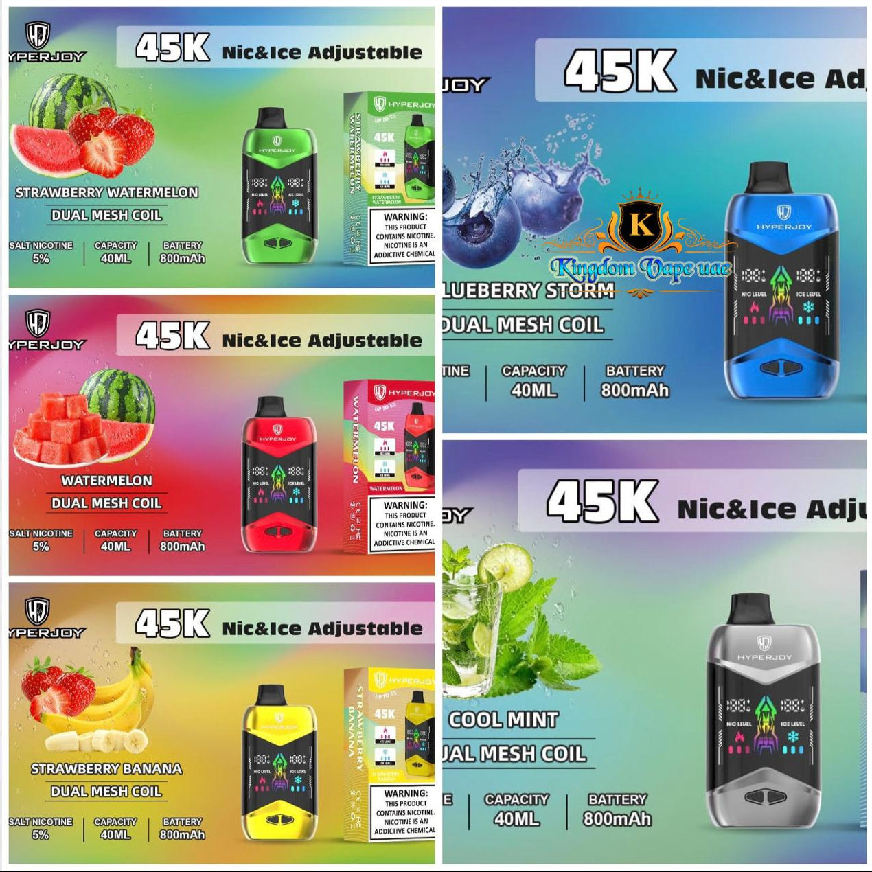 Collage of vape device packaging with different flavors and features.Hyper Joy 45000 Puffs Vape Dubai/ Palm jumeirah/ business Bay/ Abu Dhbai/ Al Ain/ Damac Hills