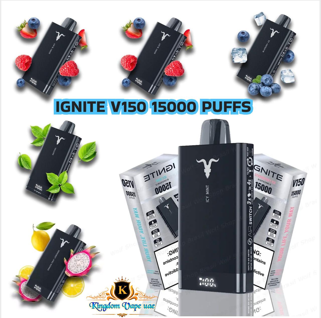 Vape device with 'Ignite V150' branding and promotional text on a white background.