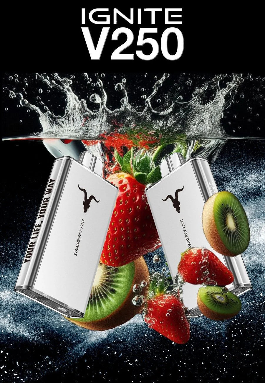 Two packages of IGNITE V250 with strawberries and kiwis splashing water on a black background