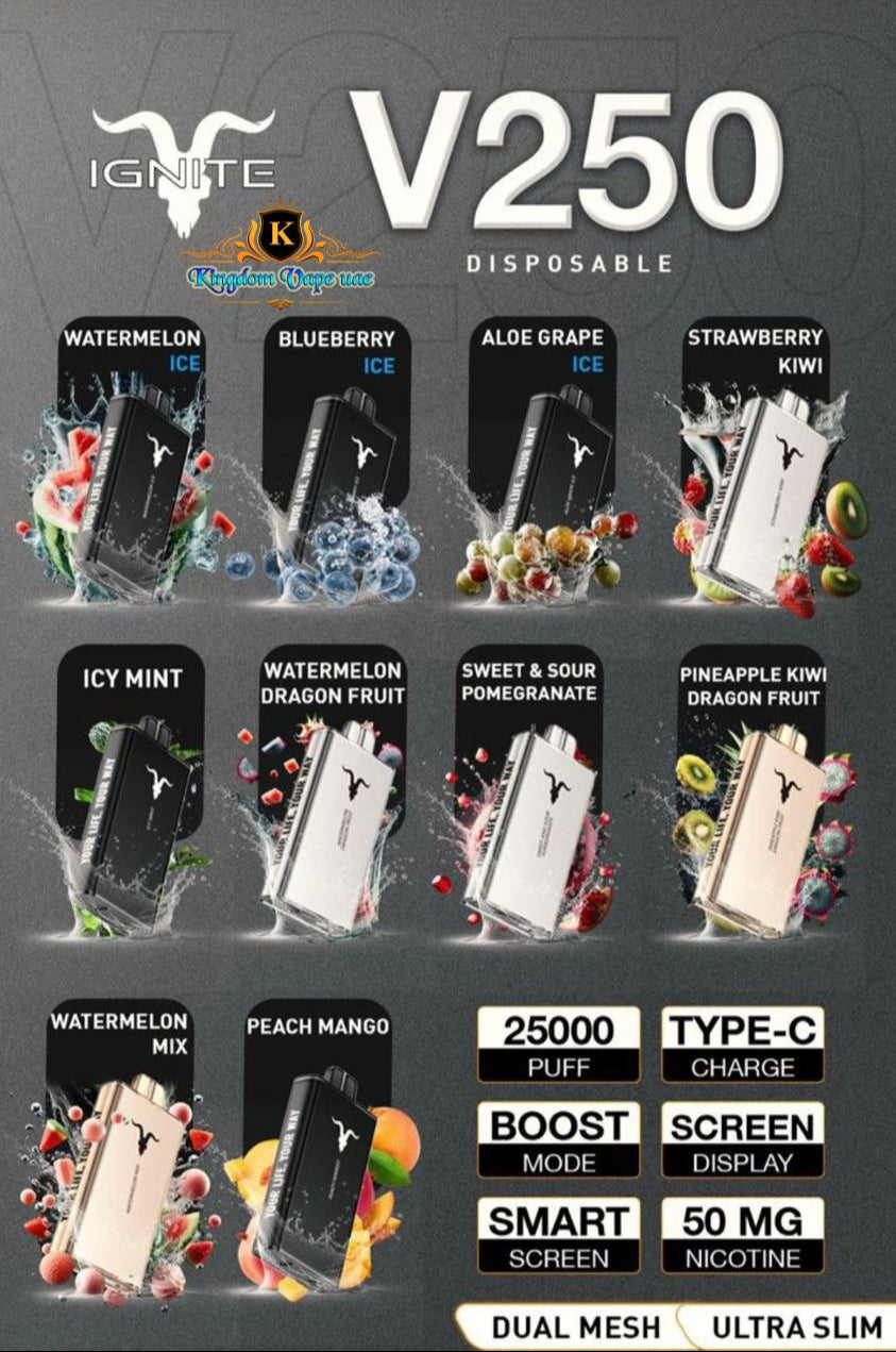 V250 disposable vape device with various flavor options on a gray background/ IGNITE V250 Disposable Vape Pen 25000 Puffs Dubai/ IGNITE V250 Disposable 25000 Puffs Abu Dhbai/IGNITE V250 Disposable Vape Pen 25000 Puffs Near me/ IGNITE V250 Disposable Vape Pen 25000 Puffs Price/ IGNITE V250 Disposable Vape Pen 25000 Puffs Damac hills/ IGNITE V250 Disposable Vape Pen 25000 Puffs Business Bay Dubai/ IGNITE V250 Disposable Vape Pen 25000 Puffs Downtown Dubai/ IGNITE V250 Disposable Vape Pen 25000 Puffs