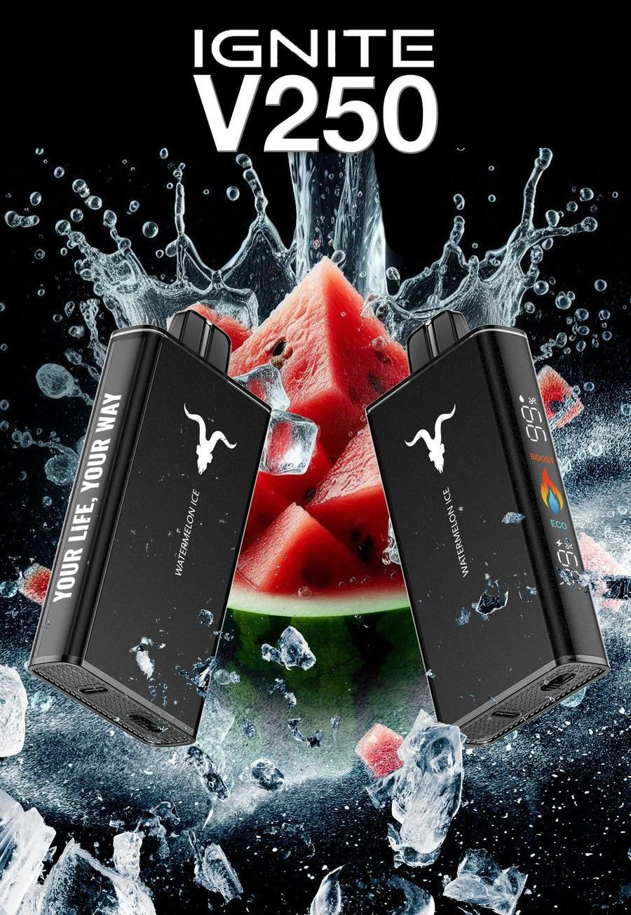 Two black vape devices with 'IGNITE V250' text, surrounded by watermelon and ice on a dark background.