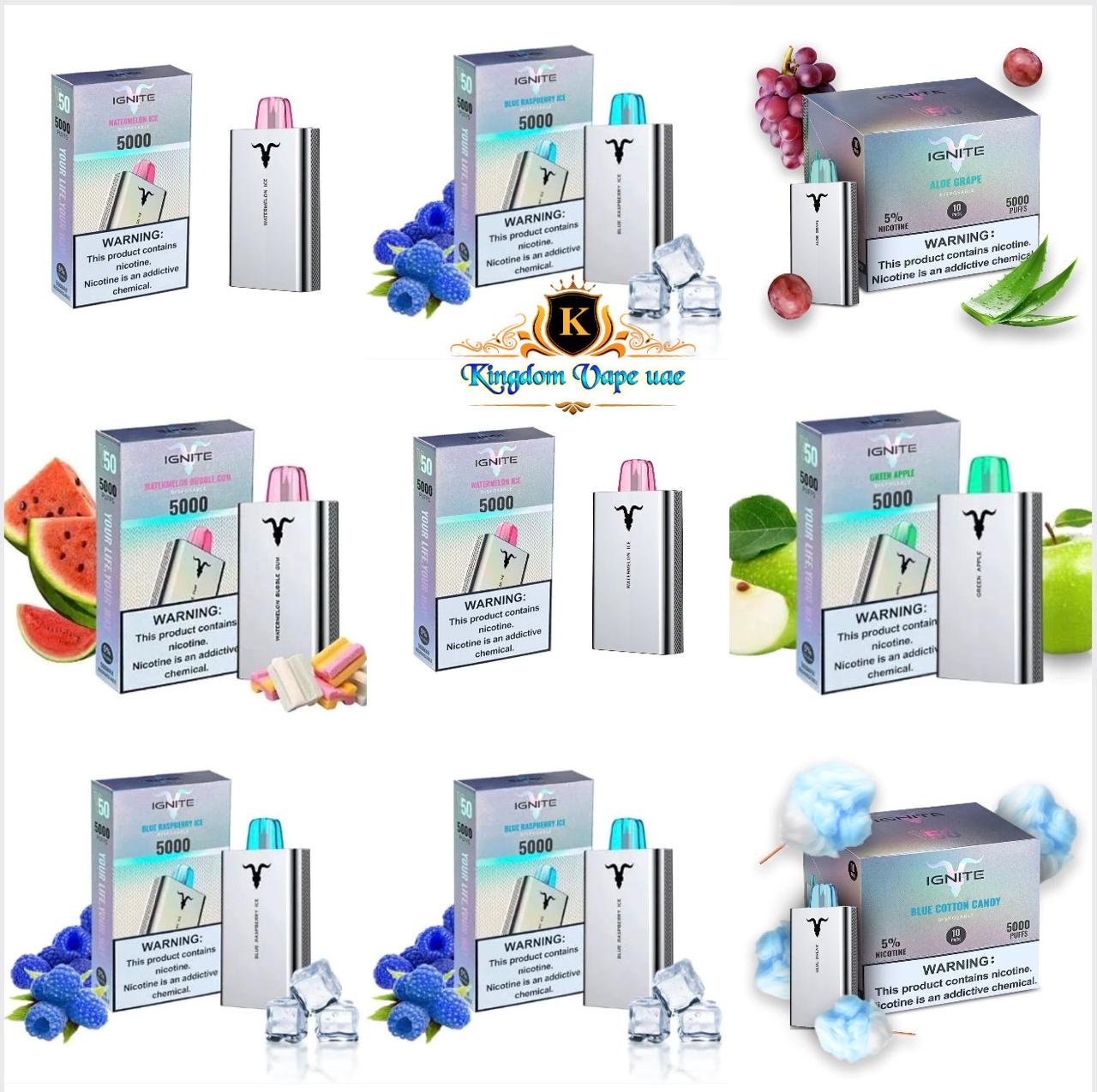 Collection of vape devices and packaging with various fruit graphics on a white background./ IGNITE V50 5000 puffs/ IGNITE V50 5000 puffs Dubai/ IGNITE V50 5000 puffs Disposable Dubai/ IGNITE V50 5000 puffs Downtown Dubai/ IGNITE V50 5000 puffs Palm Jumeirah/ IGNITE V50 5000 puffs Nera Me/ IGNITE V50 5000 puffs Price Dubai/ IGNITE V50 5000 puffs Vape Shop Dubai/ Vape Shop/ Dubai Vape/
