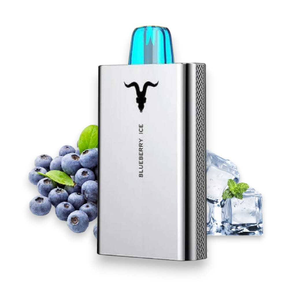 Vape device with blueberries and ice cubes on a white background