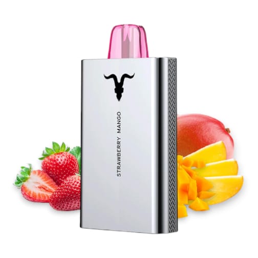 Vape device with strawberry and mango graphics on a white background