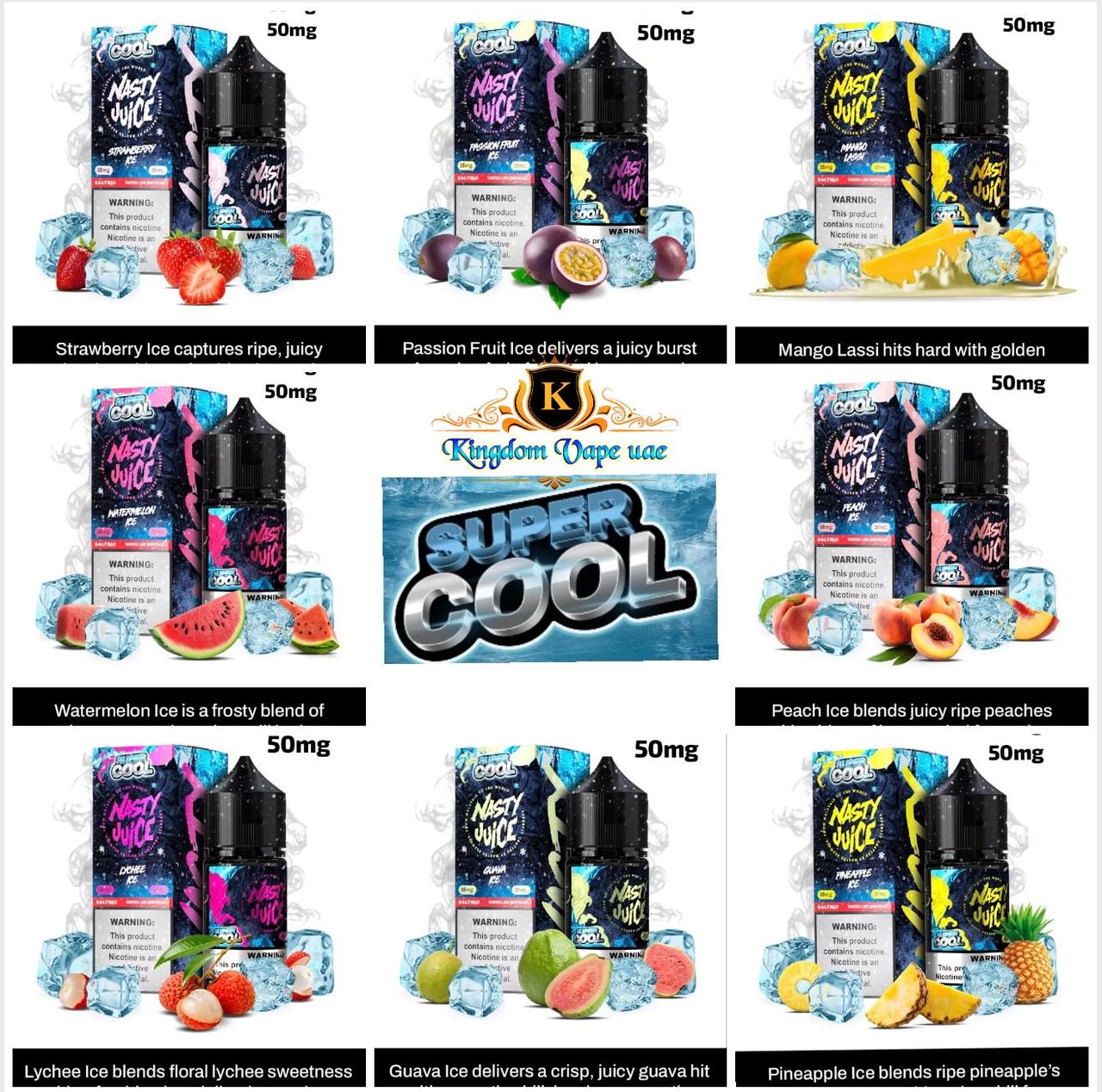Various bottles of Nasty Juice e-liquid with colorful packaging and flavor descriptions. NASTY SUPER COOL 30ML 35MG & 50MG Dubai/ Business Bay/ Downtown/ Al Barsha/ Arjan/ Damac hils/ Palm Jumeirah/ JVC/ Abu Dhabi/ Near me / Vapes Shop Dubai/ Online Vape Shop Dubai/ Nasty Salt Online/ Google NASTY SUPER COOL 30ML 35MG & 50MG