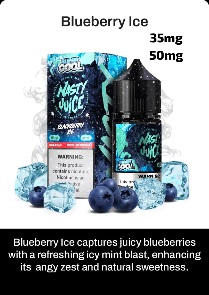 Nasty Juice Blueberry Ice e-liquid packaging with blueberries and ice cubes on a white background.