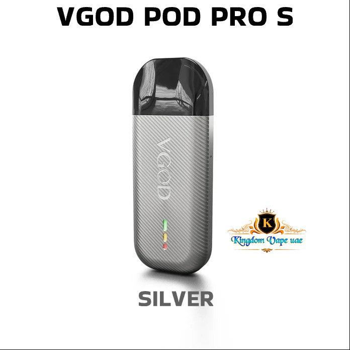 Silver VGOD Pod Pro S vape device on a white background with 'Kingdom Dope USA' logo.
