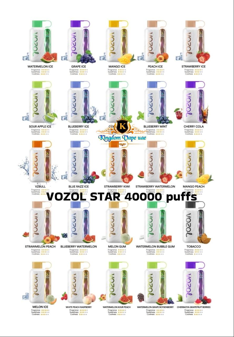 Display of Vozol Star vape devices with various flavors on a white background. Vozol star 40000 Puffs/ Vozol Star 40000 Puffs near me/Vozol Star 40000 Puffs Dubai/ Vozol Star 40000 Puffs Abu Dhbai/ Vozol Star 40000 Puffs Flavors/ Vozol Star 40000 Puffs Price/ Vozol Star 40000 Puffs Picture/ Vozol Star 40000 Puffs Downtown/ Damac hills/ Sharjah/ Business Bay/ Palm jumeirah/ Arjan