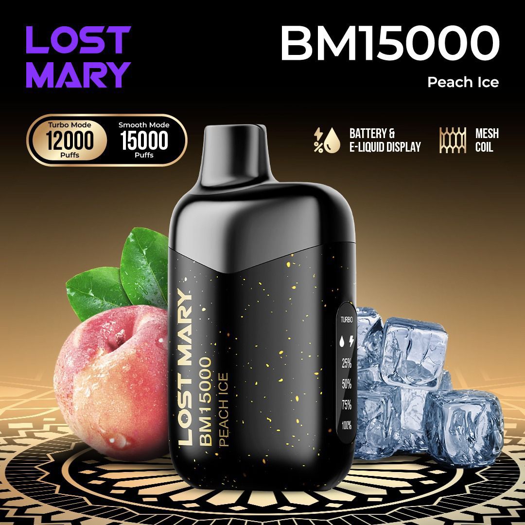 Lost Mary BM15000 Peach Ice vape device with peach and ice cubes on a decorative background