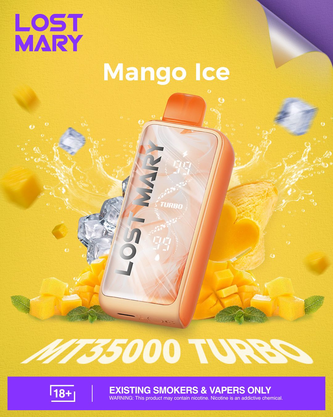 Lost Mary Mango Ice vape device on a yellow background with mango pieces and ice cubes.