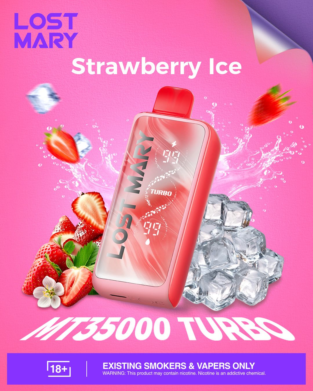 Lost Mary Strawberry Ice vape device on a pink background with strawberries and ice cubes.
