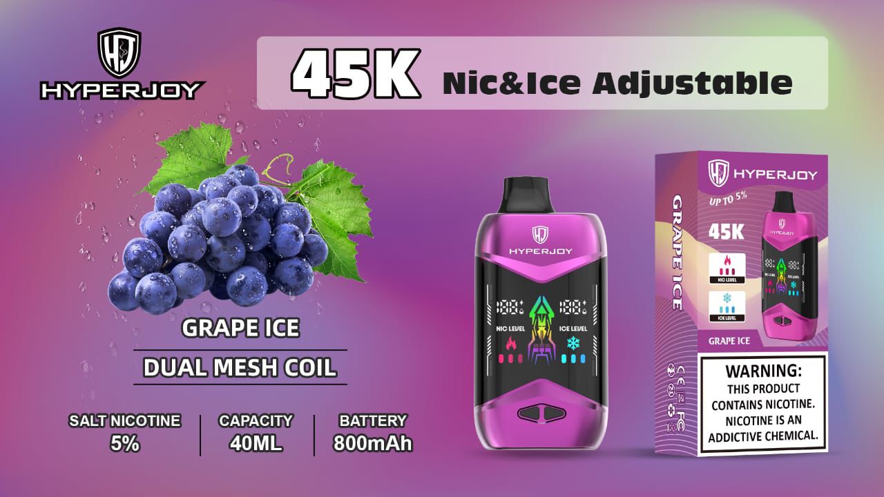 HyperJoy vape device and packaging with grape ice flavor on a colorful background