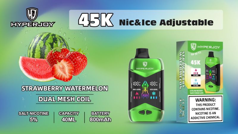 HyperJoy vape device and packaging with strawberry watermelon flavor on a colorful background