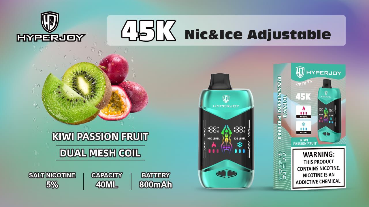 Hyperjoy vape device with kiwi and passion fruit graphics on a gradient background