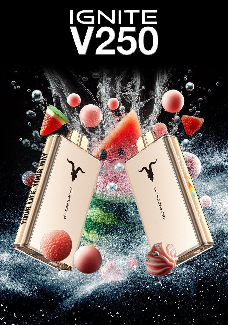 Two bottles of 'IGNITE V250' with colorful fruit graphics on a dark background