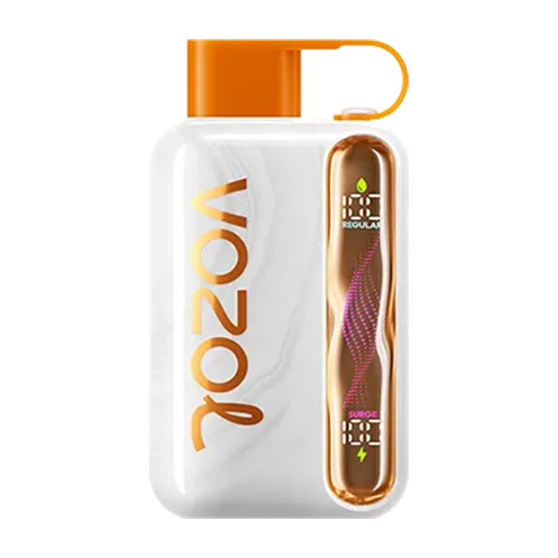 VOZOL vaping device with orange top and white body on a white background