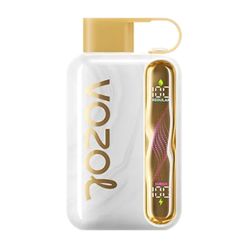 VOZOL vape device with gold cap and packaging on a white background