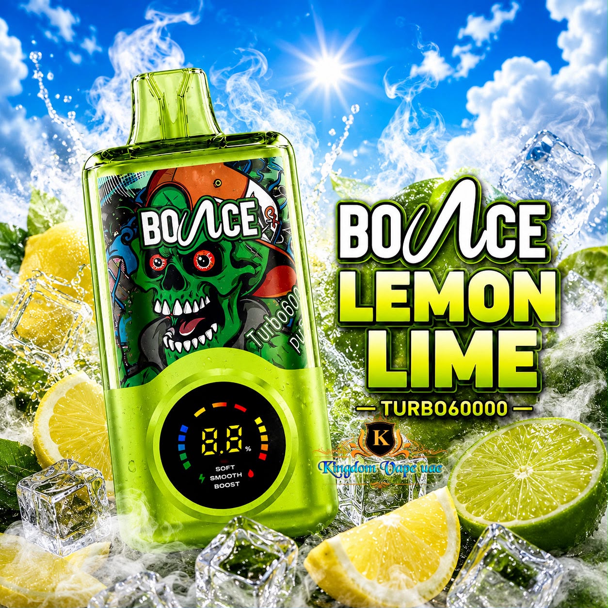 A bright lime green Bounce disposable vape device with a cartoon skull graphic and a digital display, surrounded by lemons, limes, ice cubes, and water splashes under a blue sky with clouds. Large text on the right reads 'BOUNCE LEMON LIME TURBO60000'.