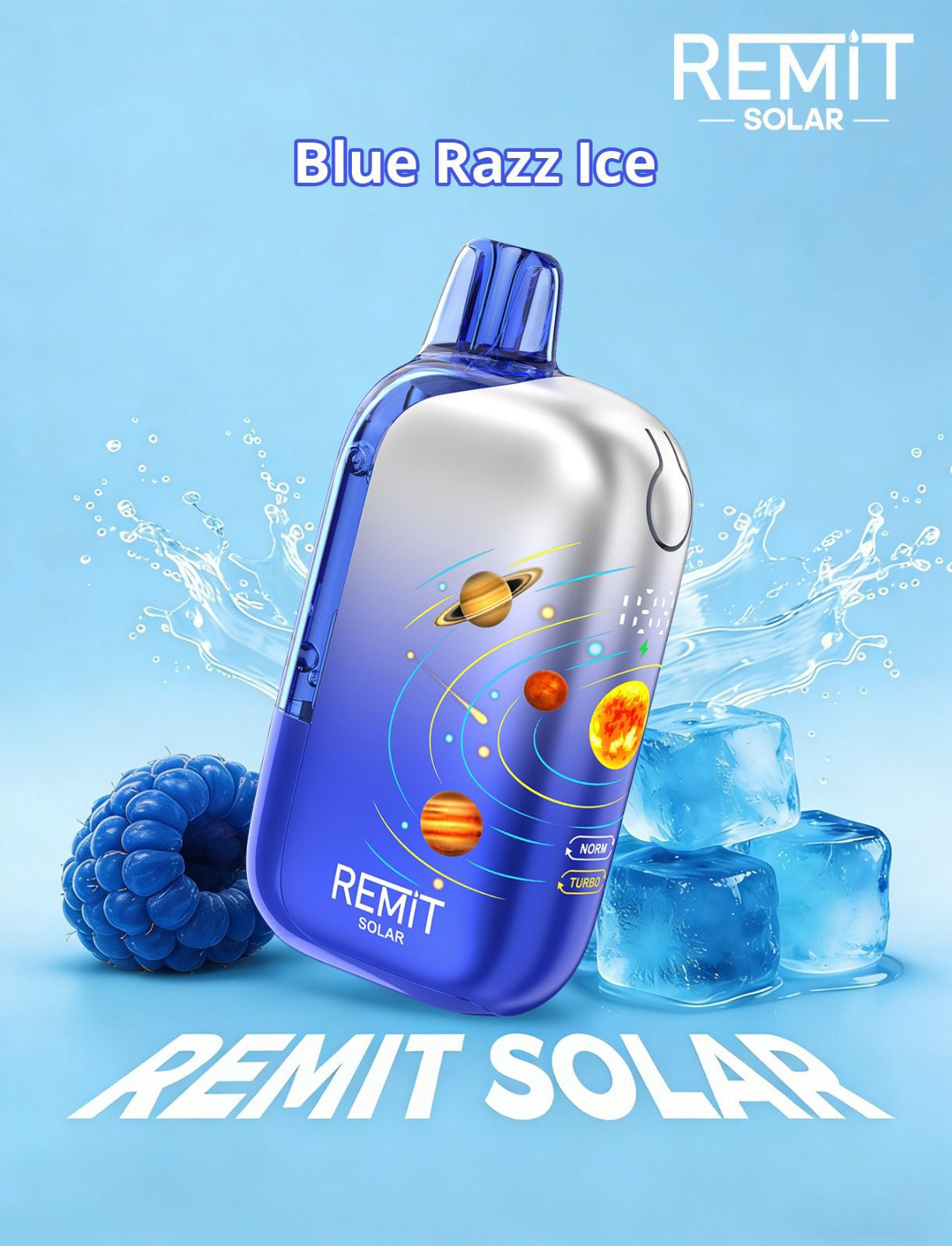 Blue Razz Ice vape device with REMIT Solar branding on a blue background