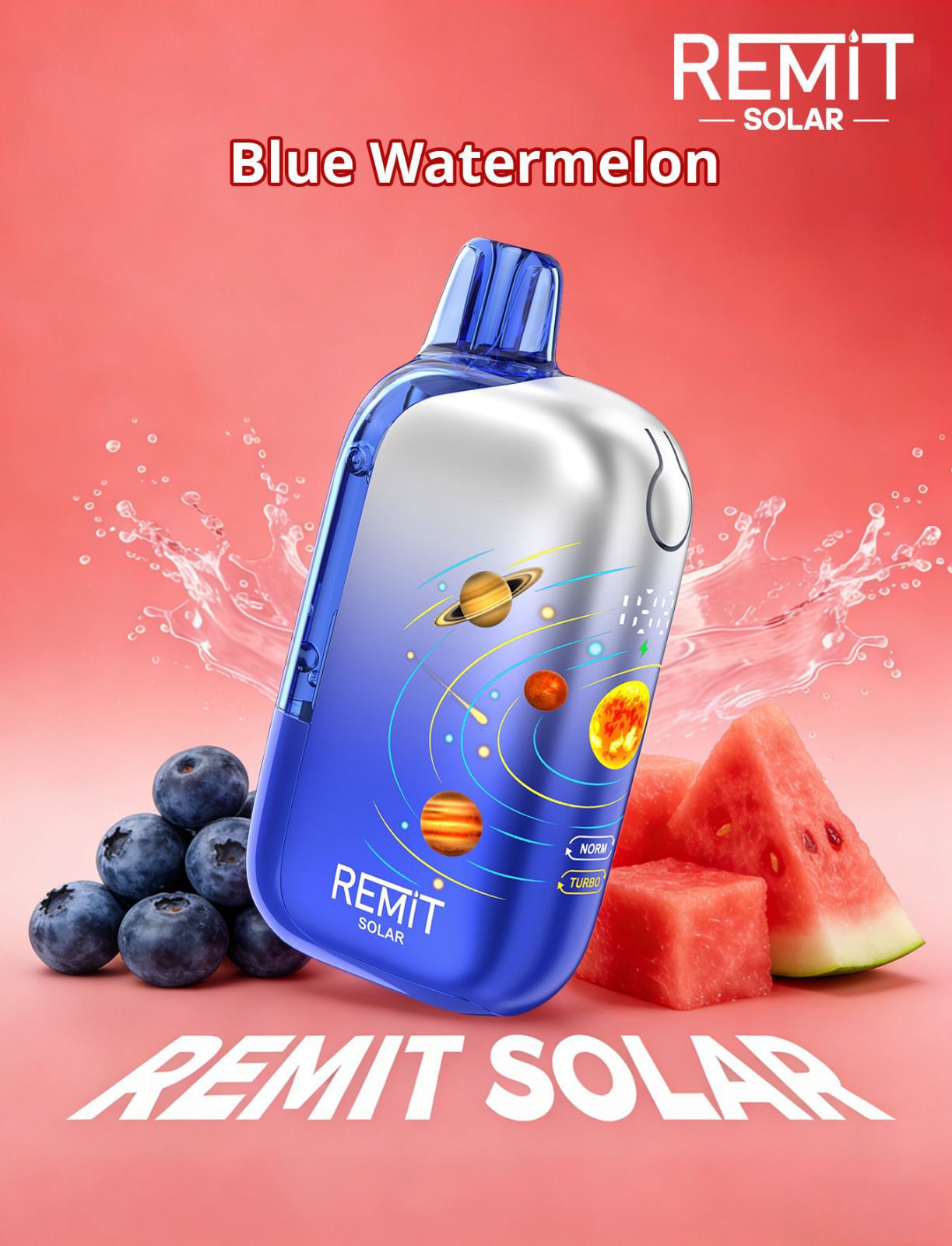 Blue watermelon-flavored REMIT Solar product with blueberries and watermelon on a pink background