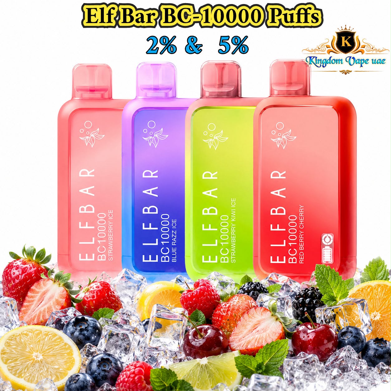 Four ELFBAR disposable vape devices in pink, blue, green, and red-orange colors, displayed on a white background with ice, fresh berries, citrus, and promotional text overlays.
