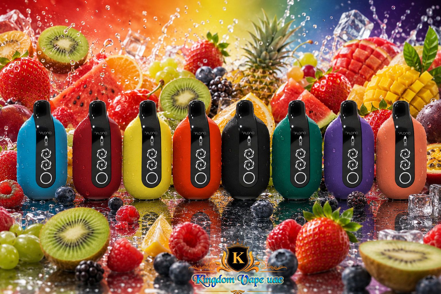 Colorful vape devices arranged among fresh fruits on a reflective surface with a rainbow background.