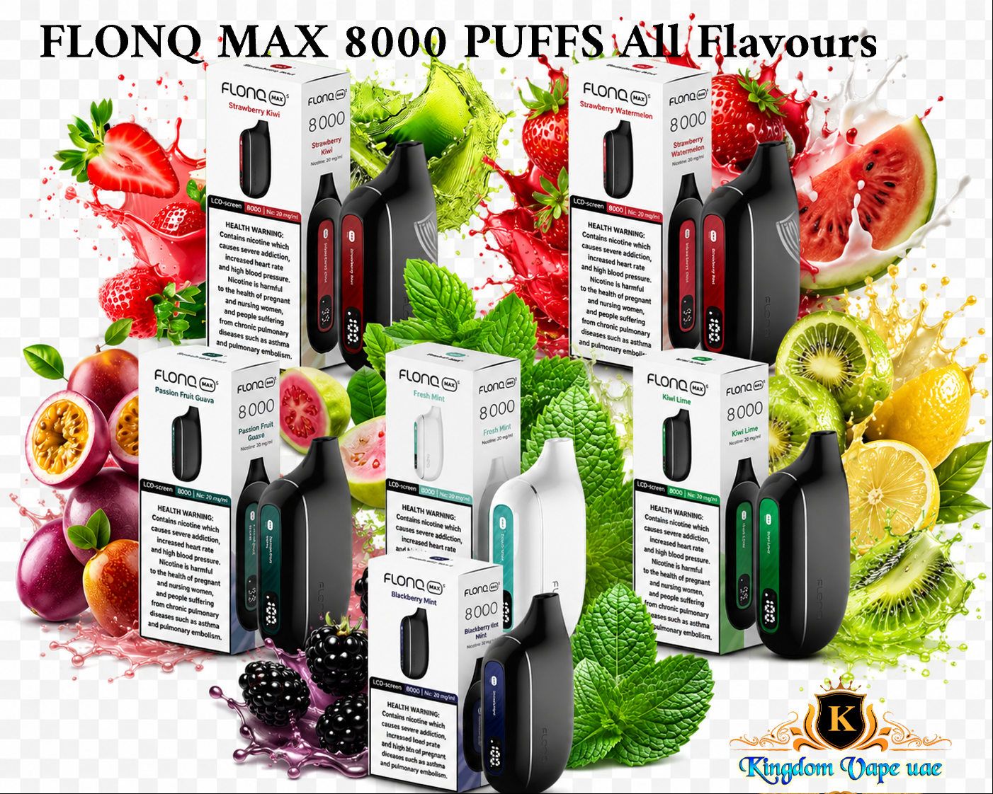 FLONQ MAX vape devices and packaging with fruit graphics and 'Kingdom Vape UAE' branding.