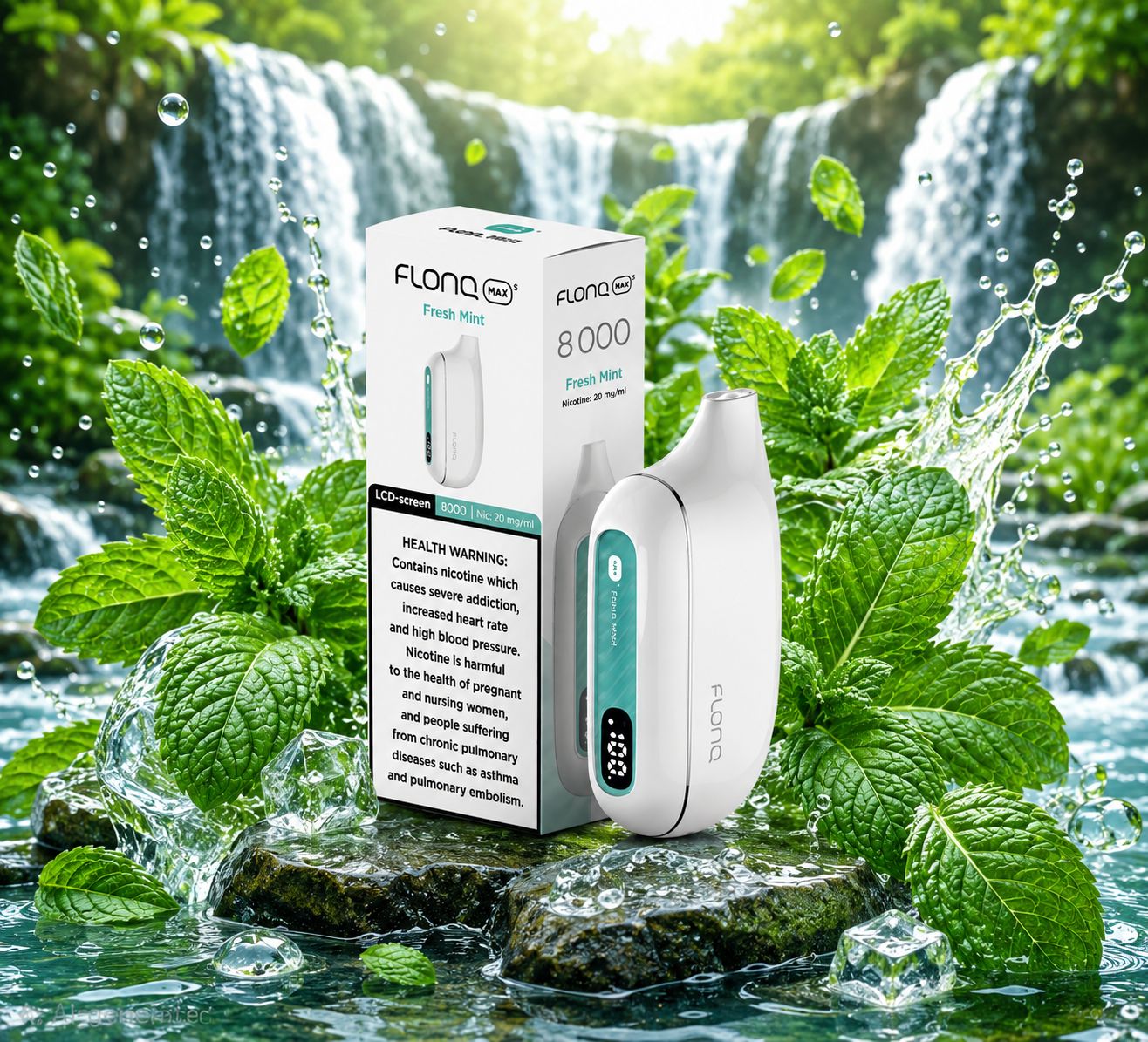 Flona vape device and packaging with mint leaves and a waterfall in the background