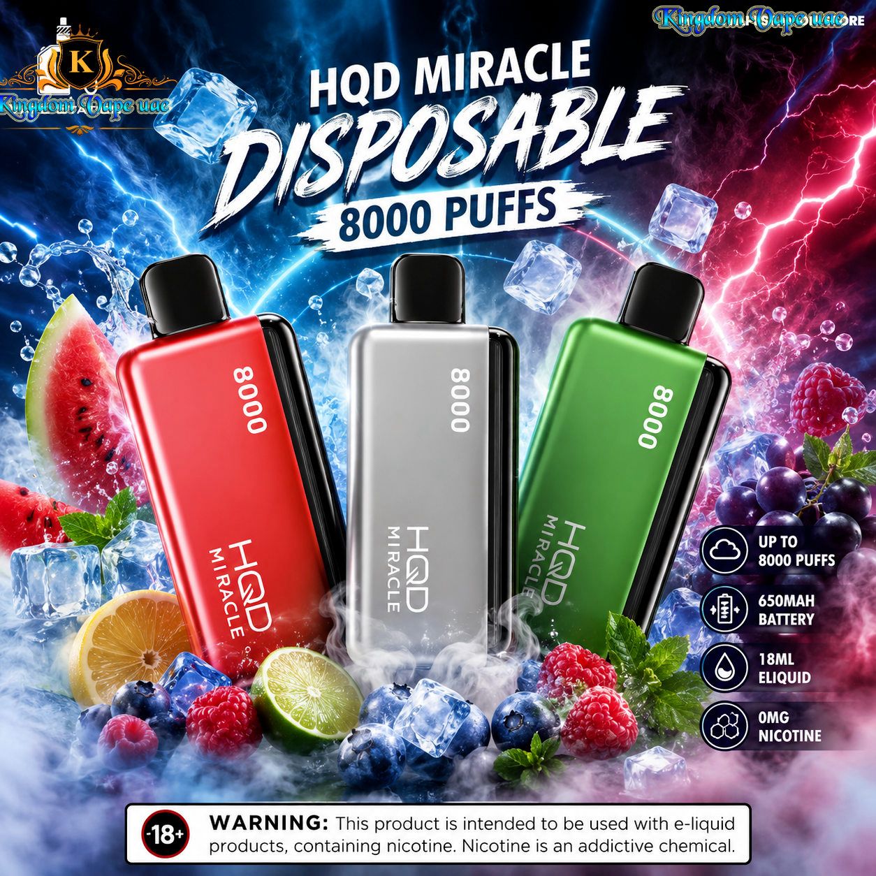 Four disposable vape devices labeled 'HGD MIRACLE 8000' in red, silver, and green, surrounded by ice, fruit slices, and water droplets with promotional text and icons on a dramatic blue lightning background.