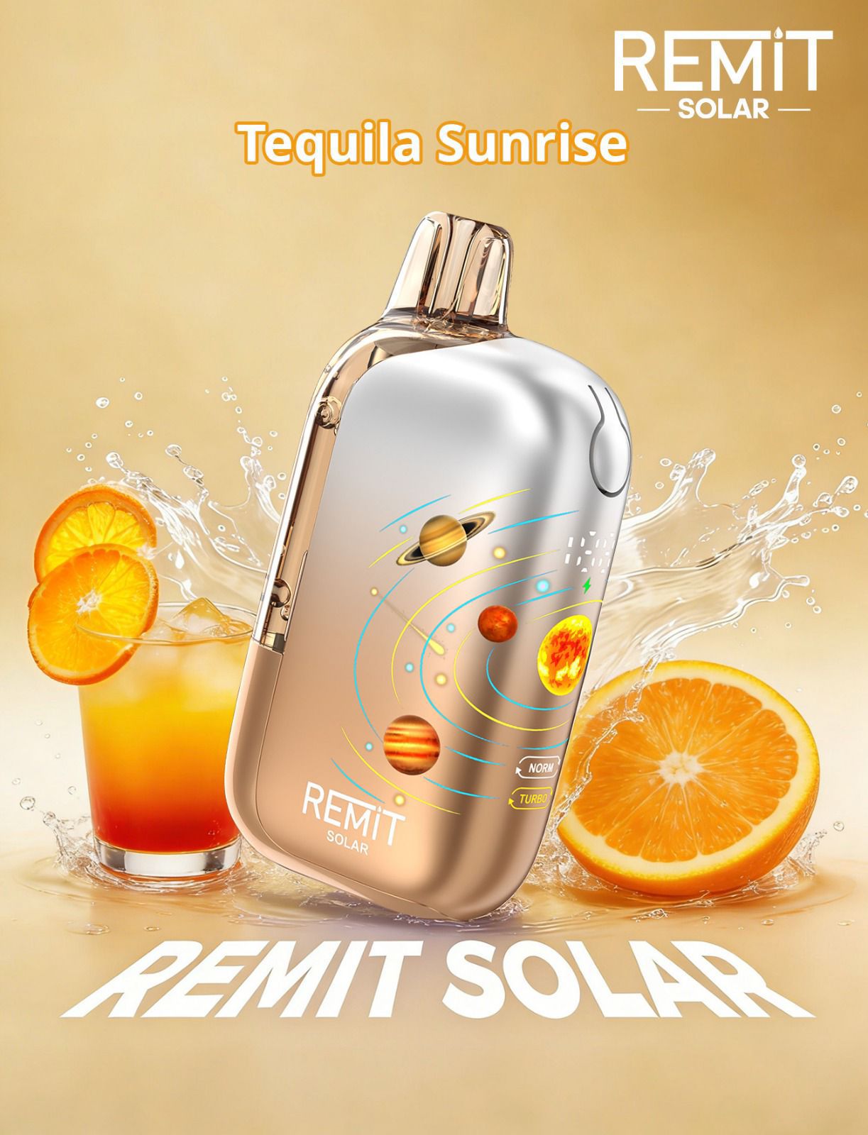REMIT SOLAR product with oranges and a glass of orange juice on a beige background