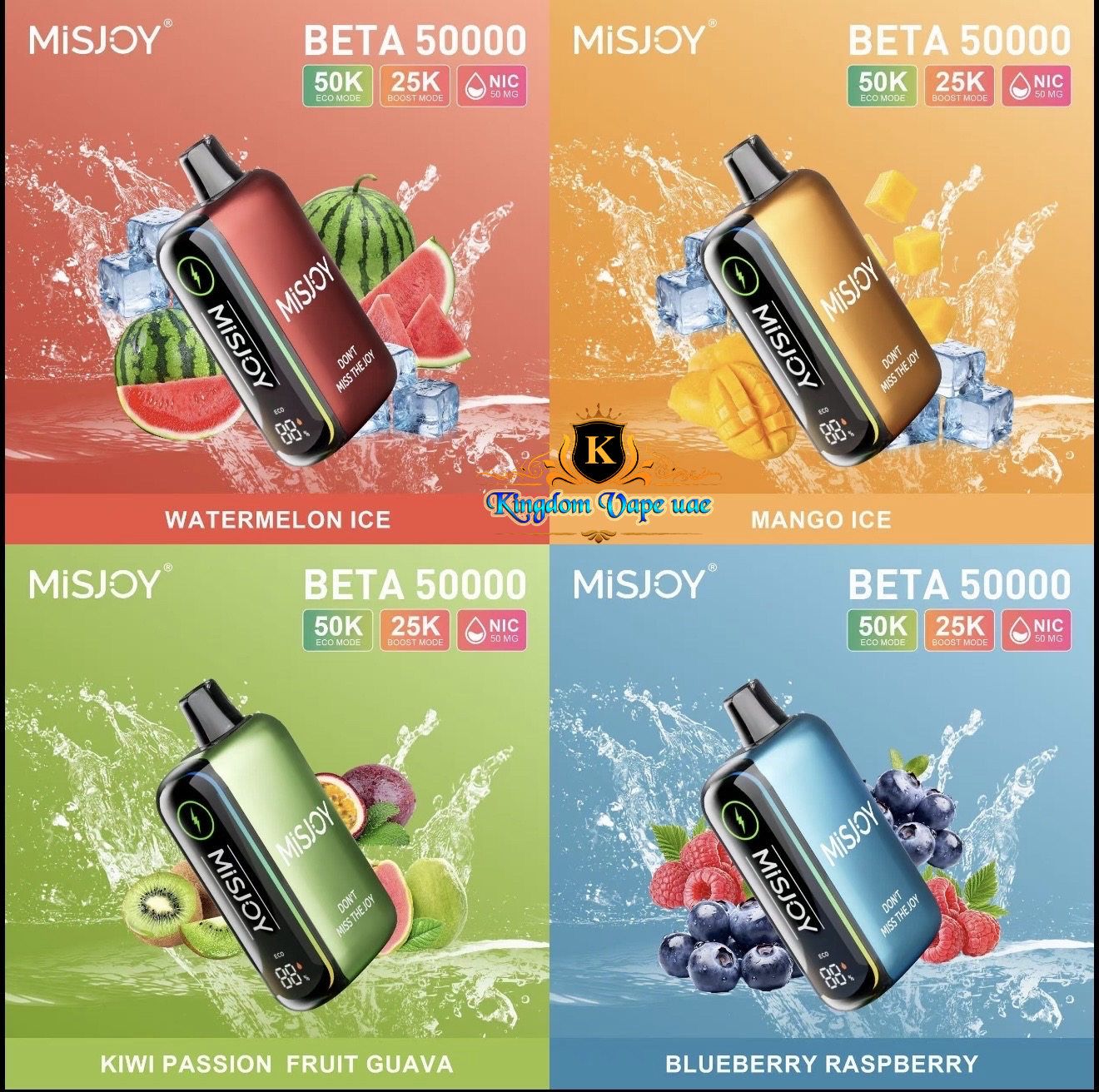 Four Misjoy Beta 50000 vape devices with different fruit-themed flavors on colorful backgrounds.