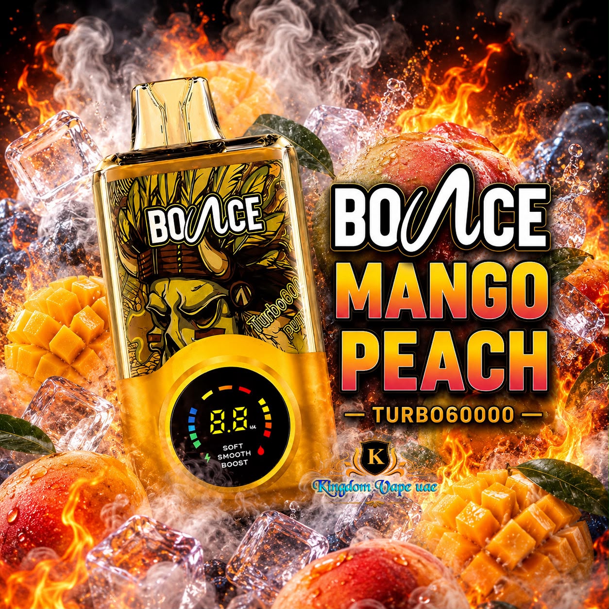 A Bounce disposable vape device in a yellow and black design, surrounded by ice, flames, and fresh mangoes. The text 'BOUCe MANGO PEACH - TURBO60000' is displayed prominently on the right side.