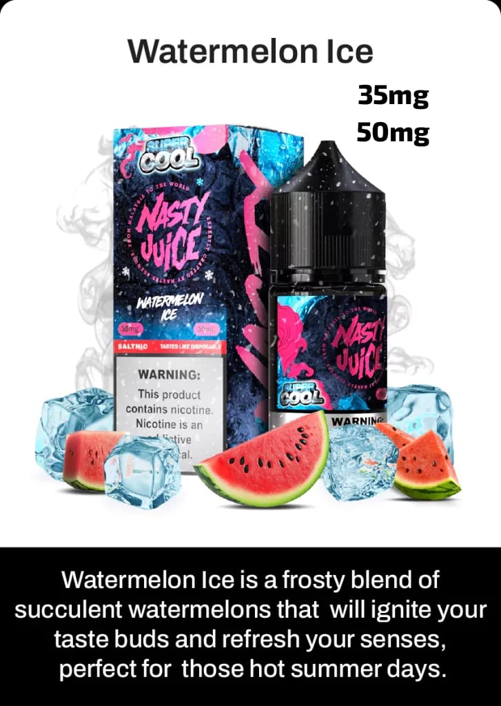 Nasty Juice Watermelon Ice e-liquid packaging with watermelons and ice cubes on a white background. NASTY SUPER COOL 30ML 35MG & 50MG Watermelon Ice