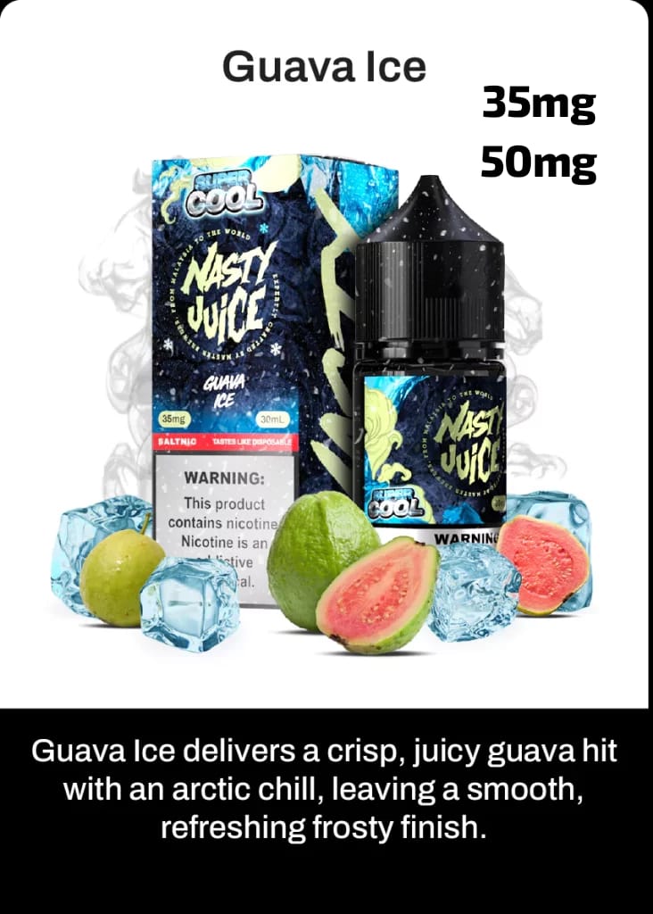Nasty Juice Guava Ice e-liquid packaging with guava and ice cubes on a white background