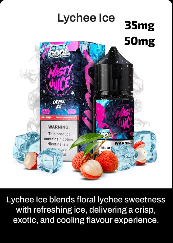 Nasty Juice Lychee Ice e-liquid packaging with product details and flavor description.