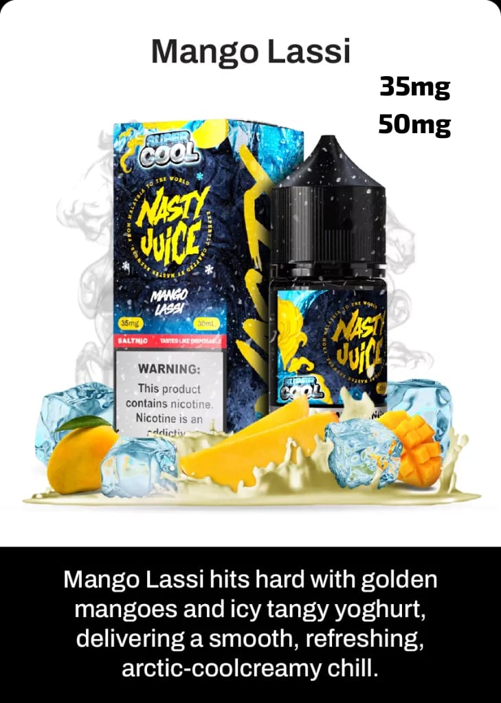 Nasty Juice Mango Lassi vape juice packaging with mangoes and ice cubes on a white background