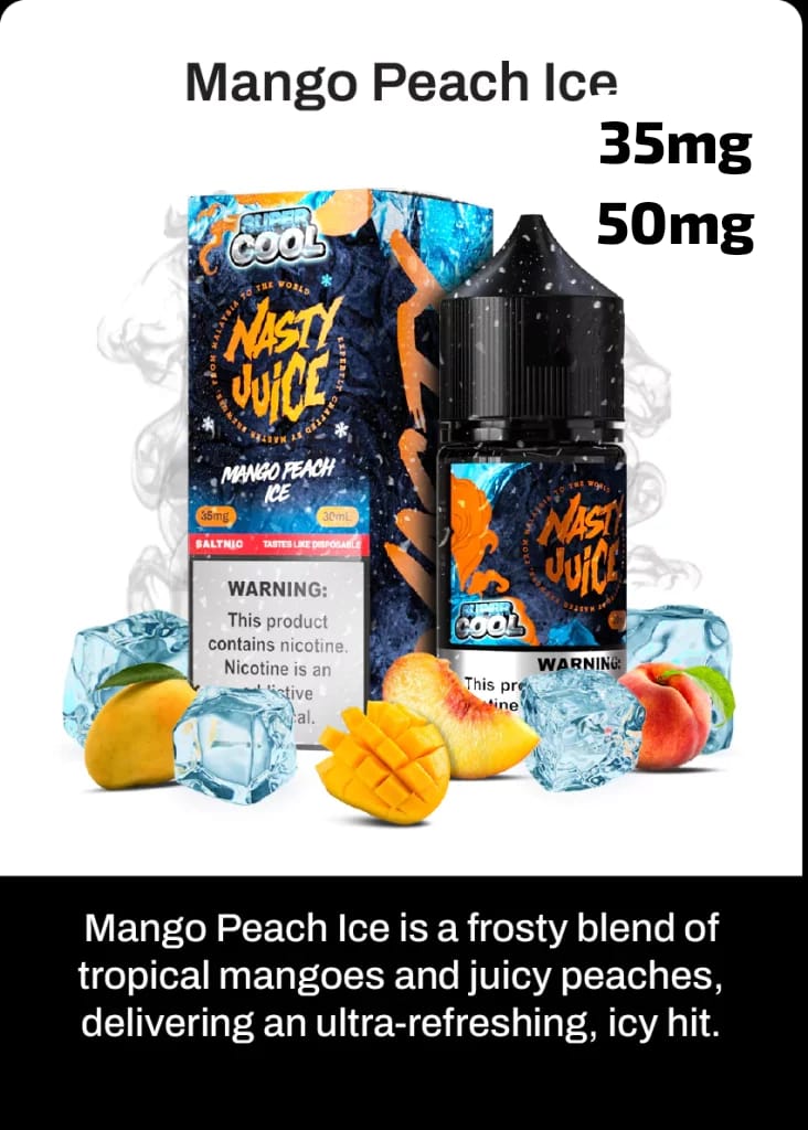 Nasty Juice Mango Peach Ice vape juice packaging with mangoes, peaches, and ice cubes on a white background. NASTY SUPER COOL 30ML 35MG & 50MG mango Peach
