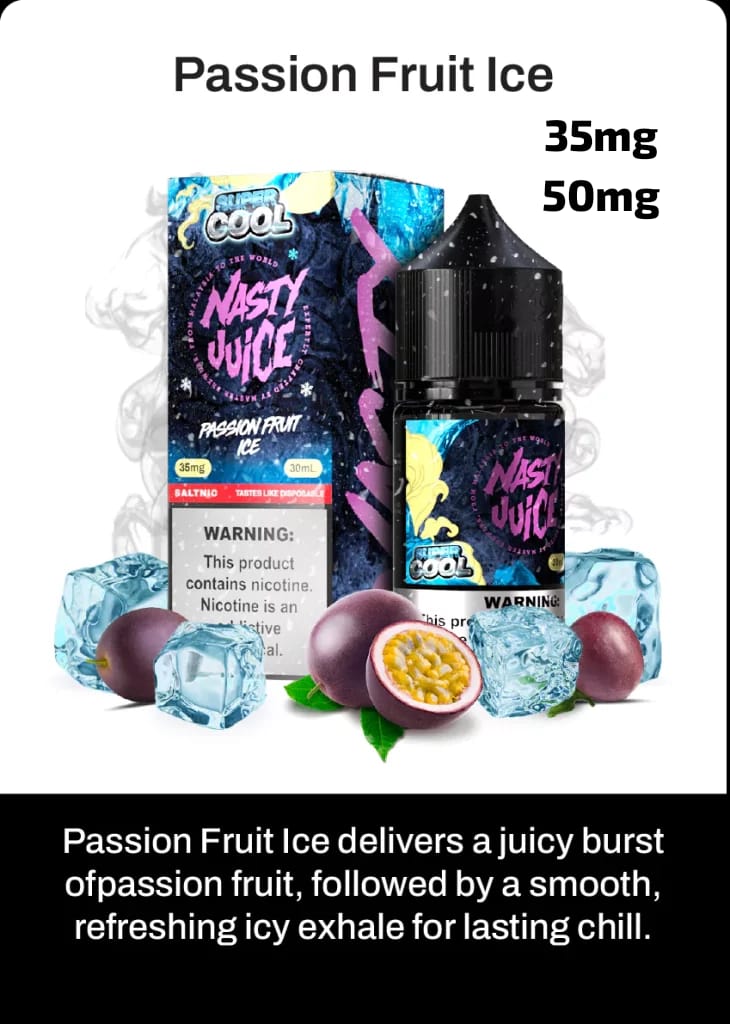 Nasty Juice Passion Fruit Ice vape juice packaging with ice cubes and passion fruit on a white background