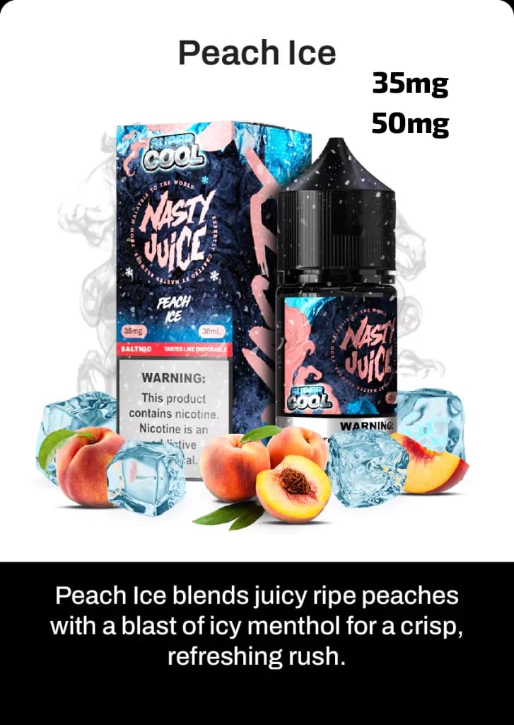 Nasty Juice Peach Ice e-liquid packaging with peaches and ice cubes on a white background