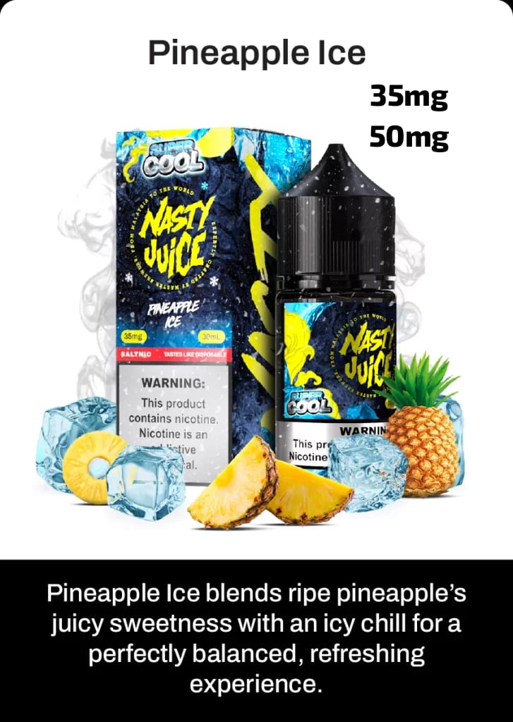 Nasty Juice Pineapple Ice e-liquid packaging with pineapple slices and ice cubes on a white background.