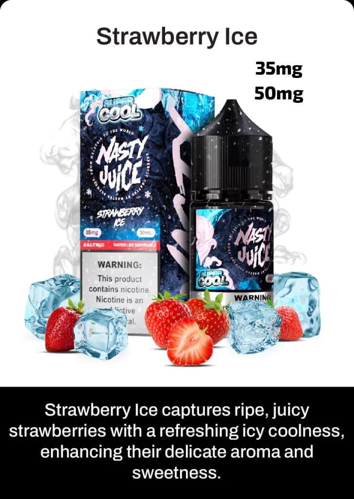 Nasty Juice Strawberry Ice e-liquid packaging with strawberries and ice cubes on a white background