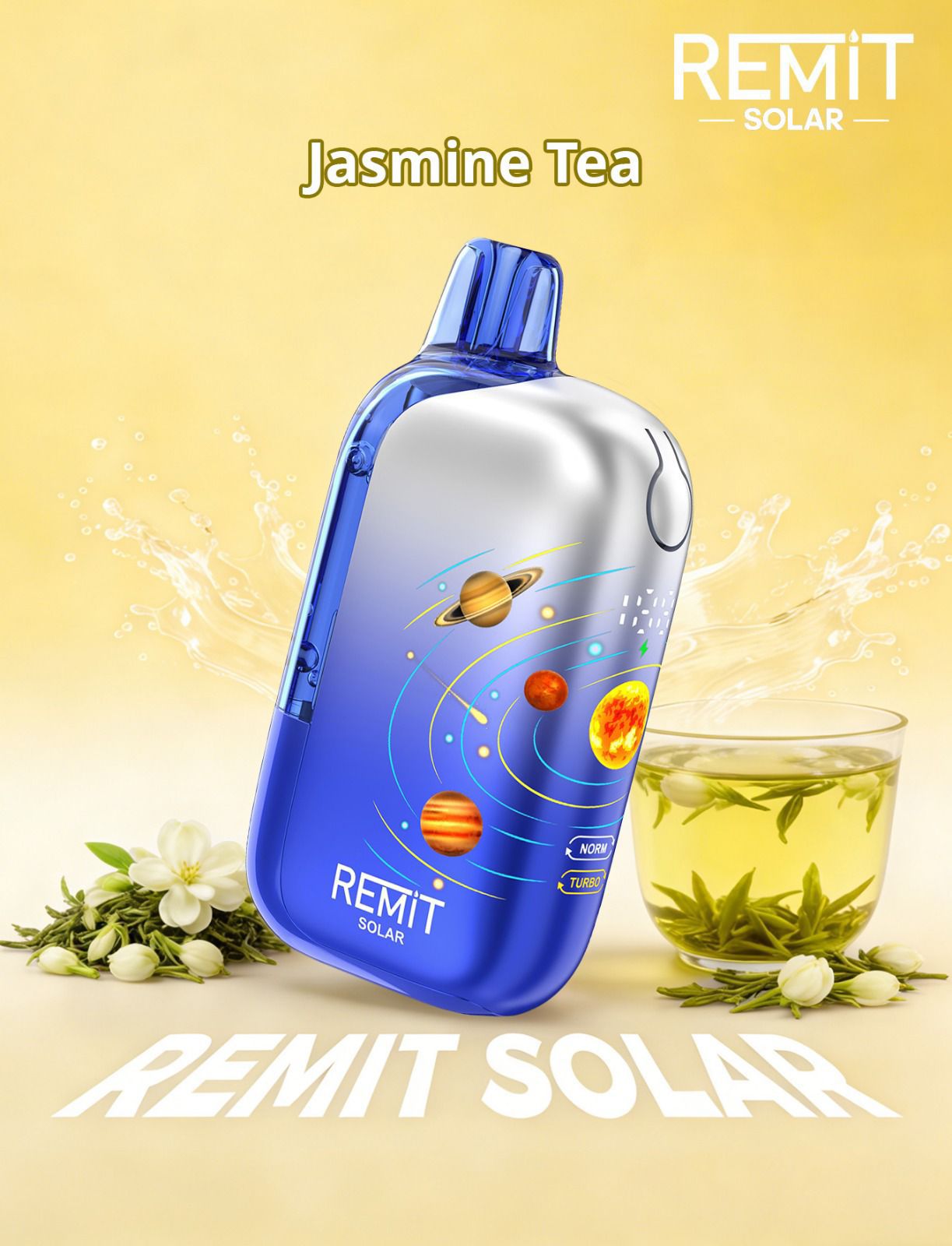 Blue REMIT SOLAR product with a glass of jasmine tea on a yellow background