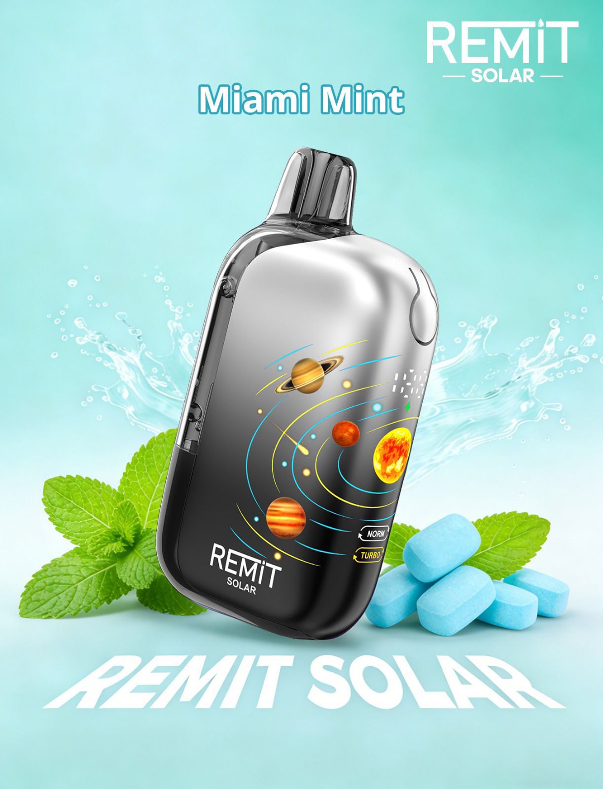 REMIT Solar vape device with mint leaves and blue candies on a light blue background