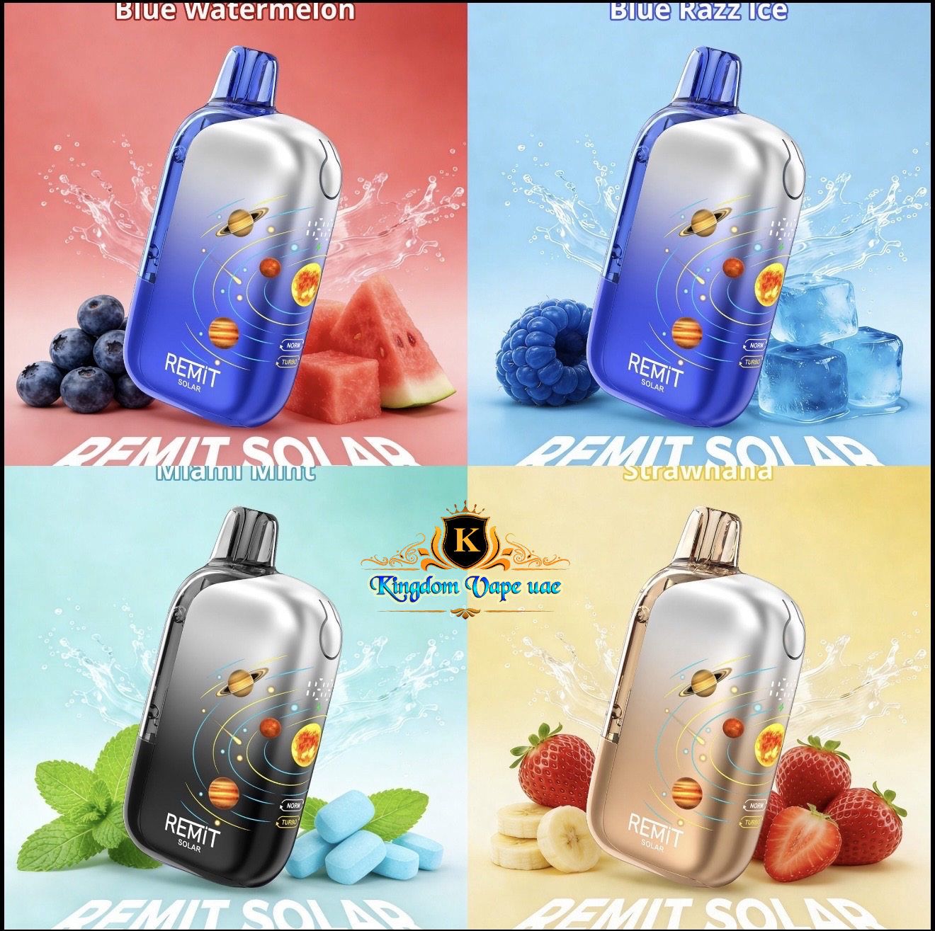 Four different REMIT SOLAR vape devices with various flavors and branding elements.