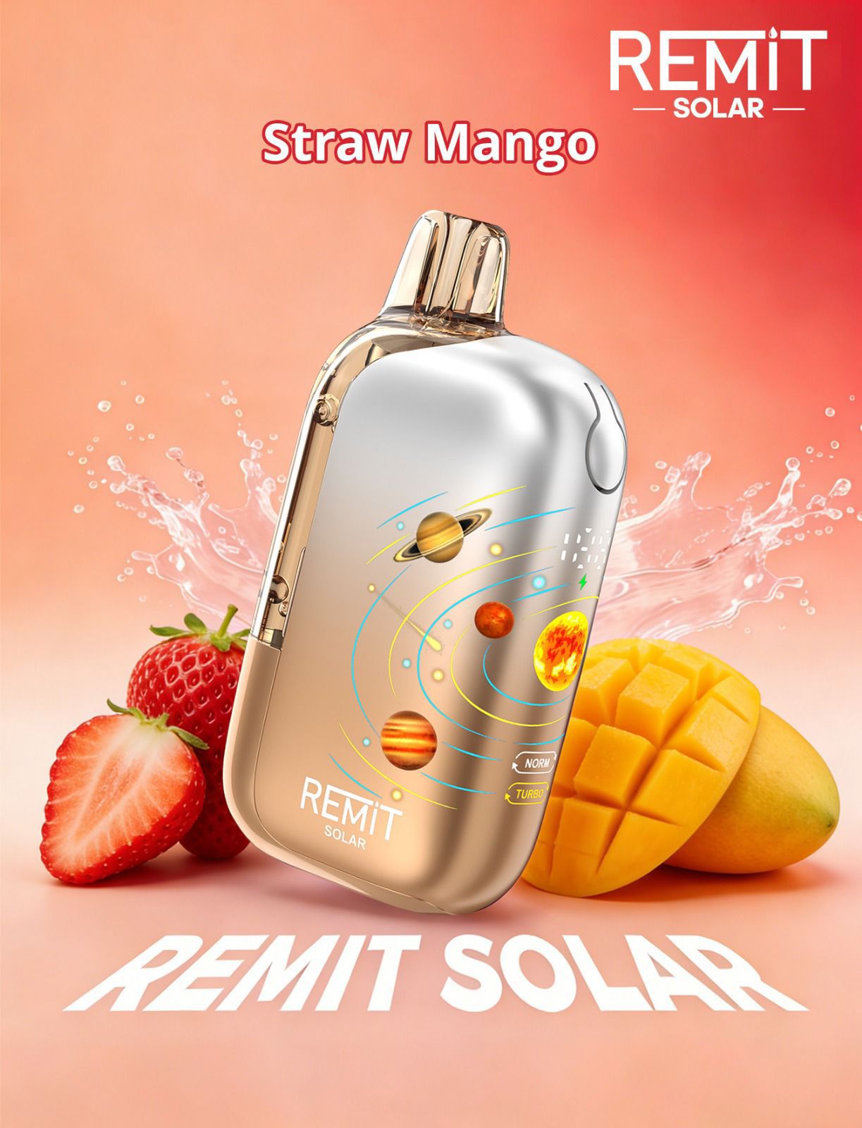 REMIT Solar vape device with strawberry, mango, and space-themed design on a peach background