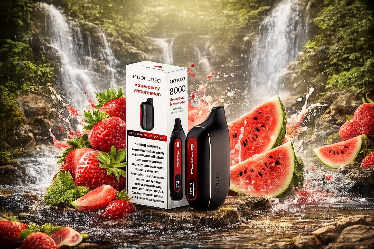 Vape device and packaging with strawberries and watermelon in a natural setting