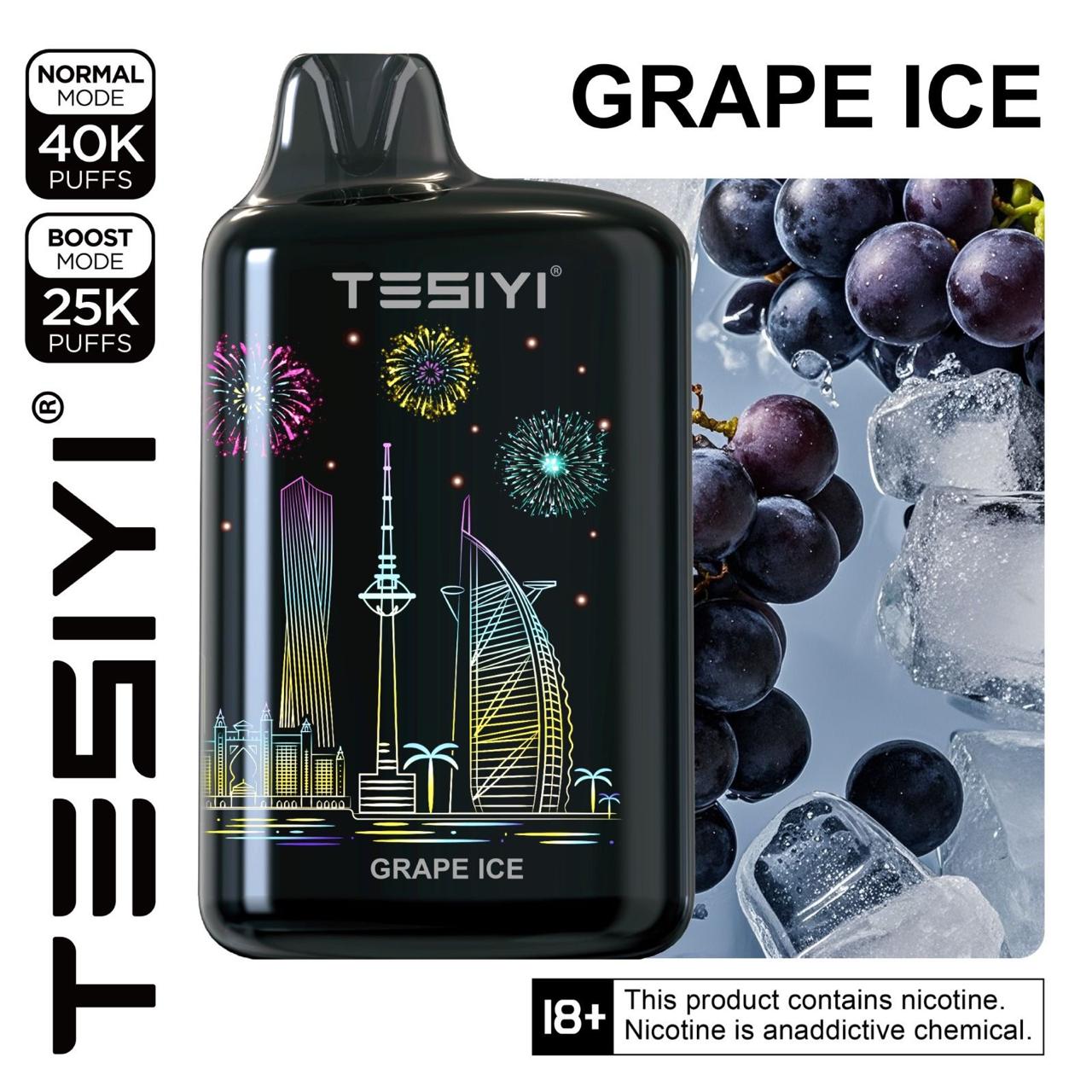 TESIYI vape device with 'Grape Ice' flavor packaging, showing grapes and ice cubes.