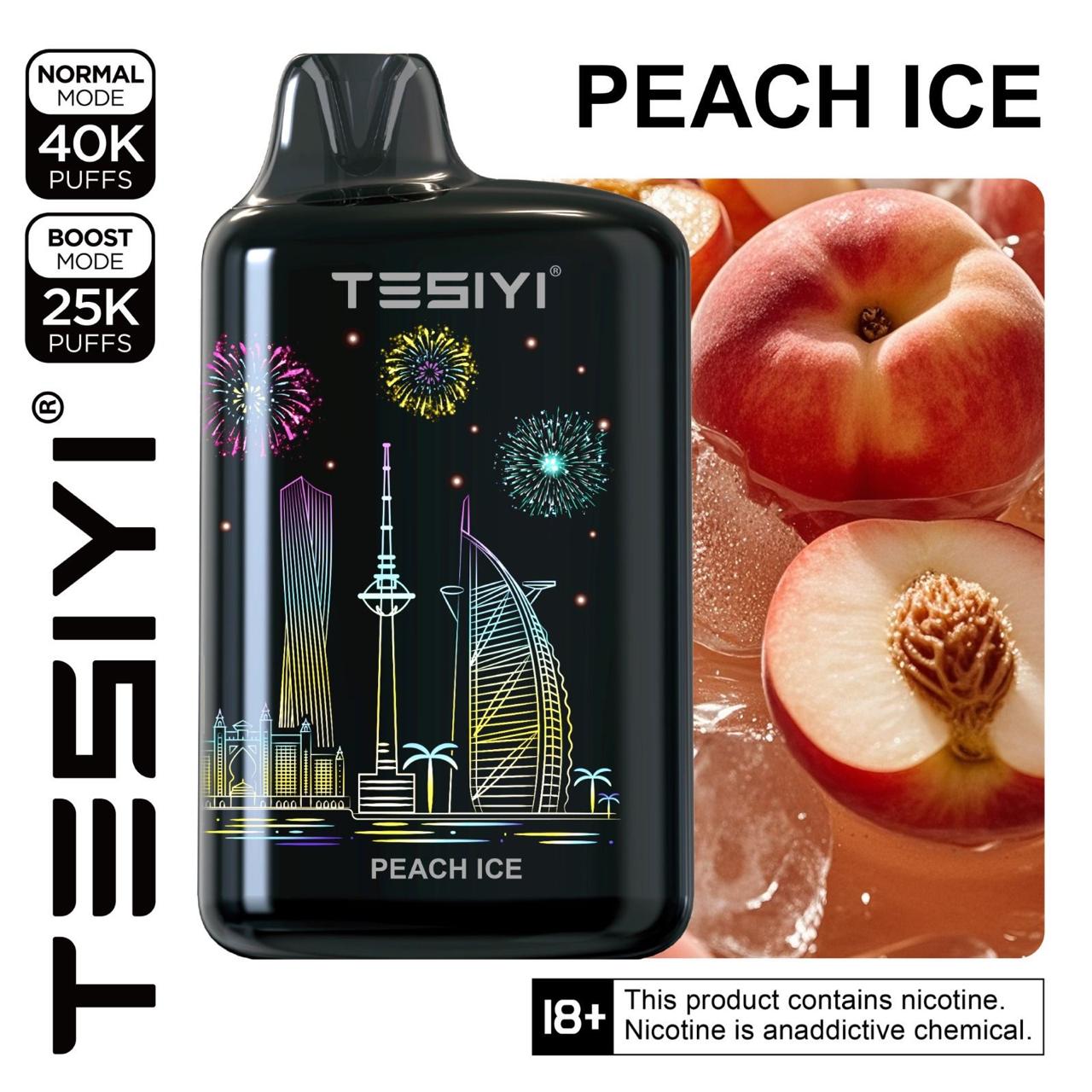 TESIYI peach ice vape device with cityscape design and peaches on a white background/ Tesiyi Ultra Max 40000 puffs Peach Ice/