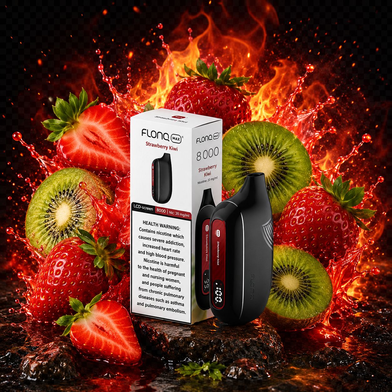 Flona vape device and packaging with strawberries and kiwis on a fiery background