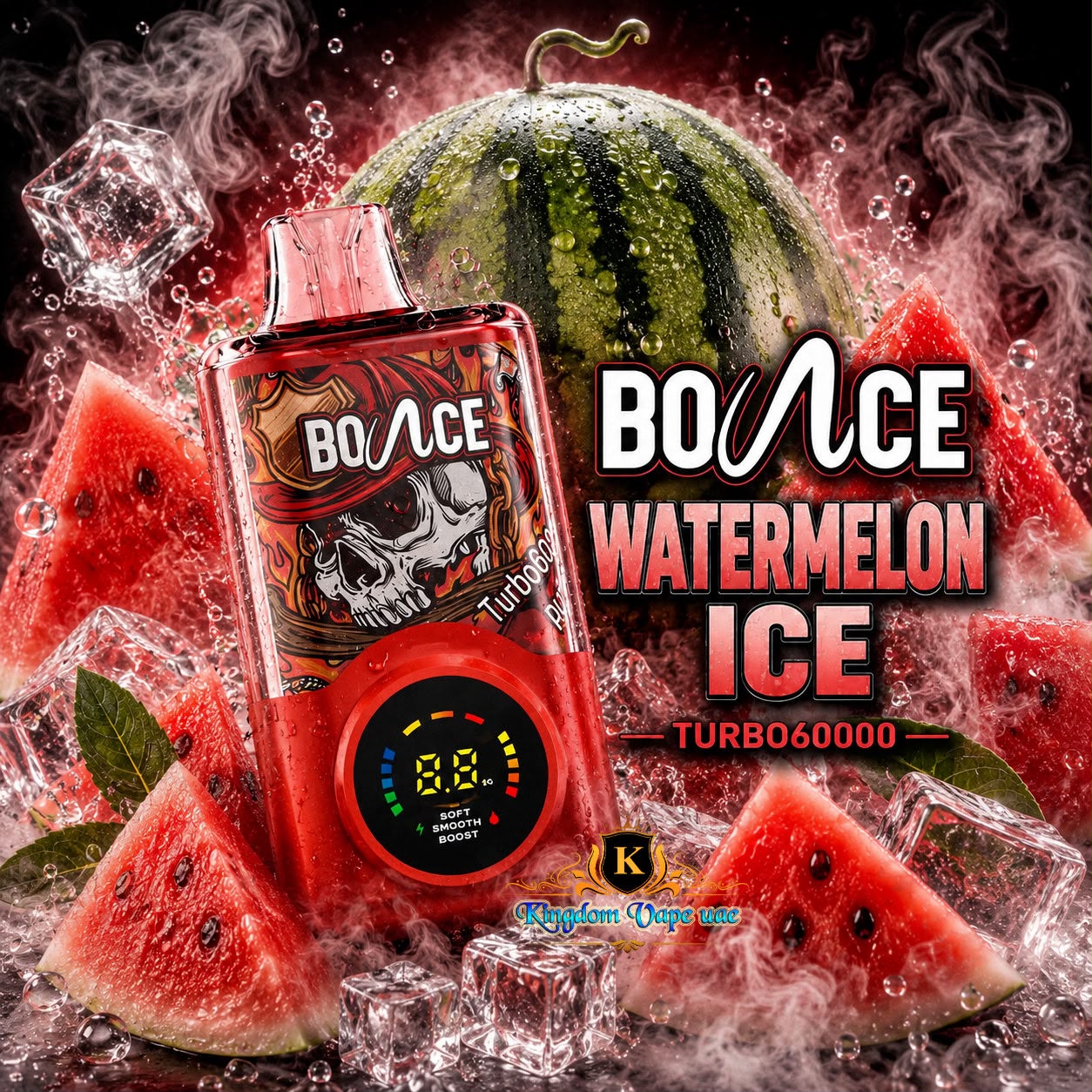A red Bounce Turbo60000 disposable vape device with a digital temperature display, set against a dynamic background of fresh watermelons, watermelon slices, ice cubes, and steam. Prominent text on the image reads 'BOUNCE WATERMELON ICE TURBO60000' and features a 'Kingdom Dope' brand logo at the bottom.